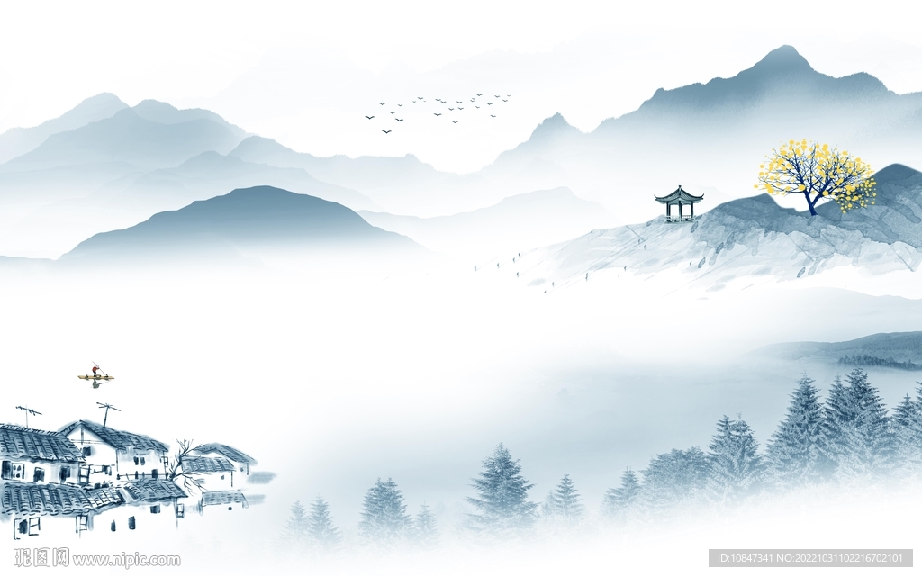 现代 中式画山水图 TIf分层