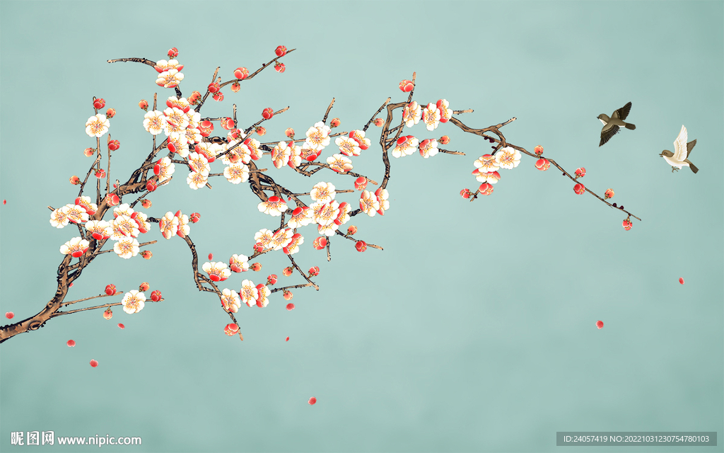 新中式工笔花鸟梅花背景墙装饰画