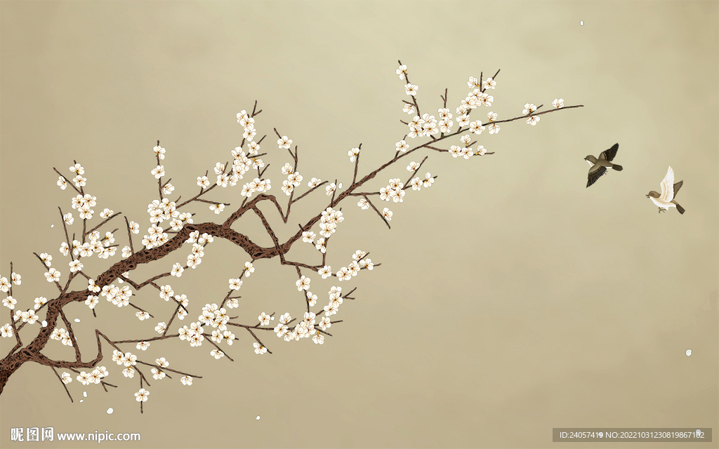 新中式梨花工笔花鸟背景墙