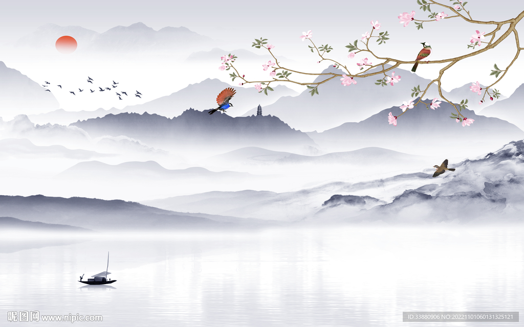 现代 客厅山水墙画 Tif分层