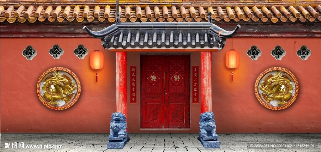 中式故宫红墙建筑背景墙壁画