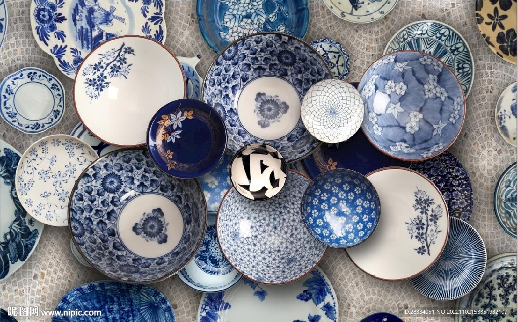 3D青花瓷器背景墙壁画