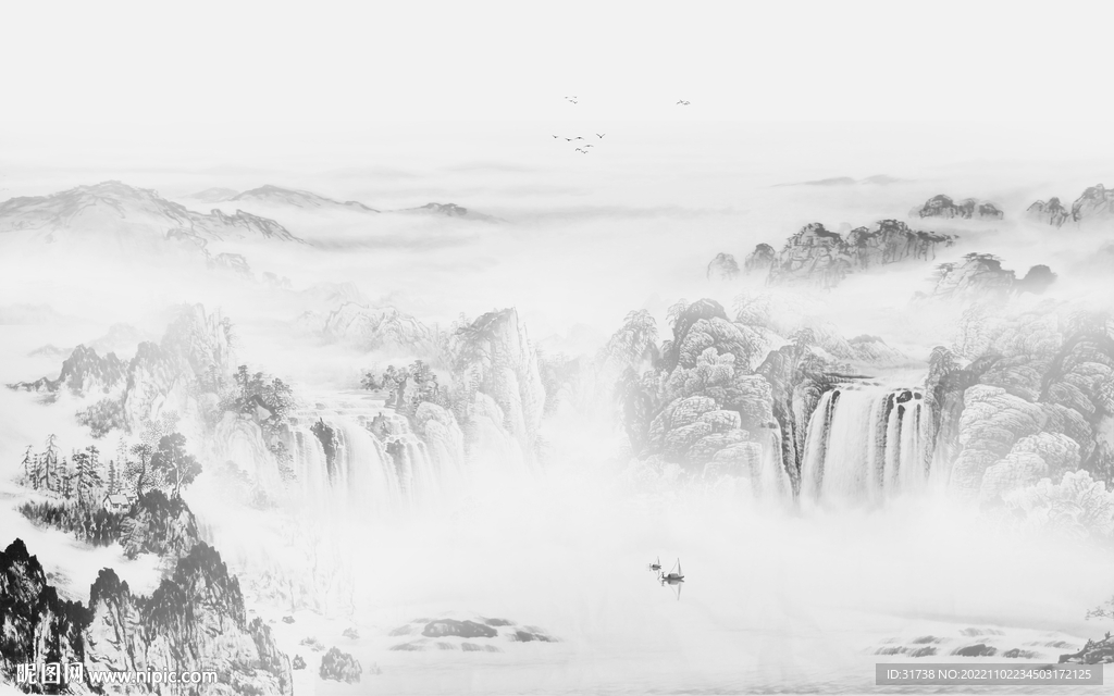 中国风山水画背景墙