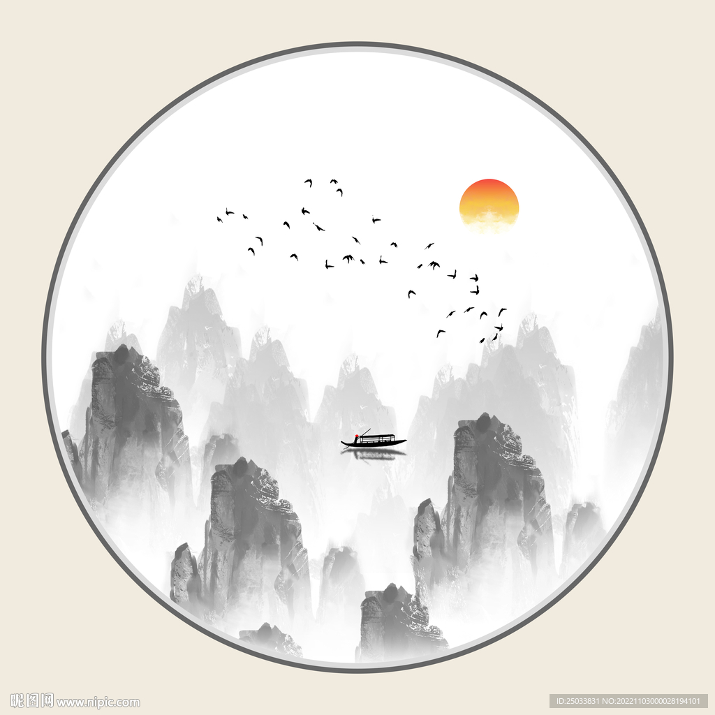 圆形山水画圆形装饰画     