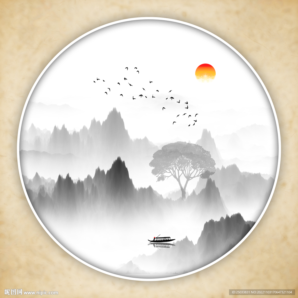 新中式圆形山水画 