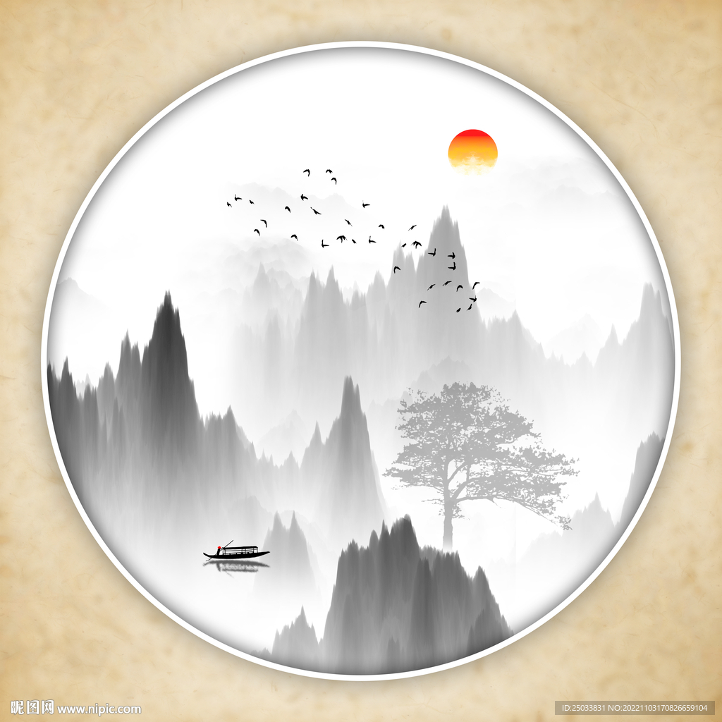 新中式圆形山水画 