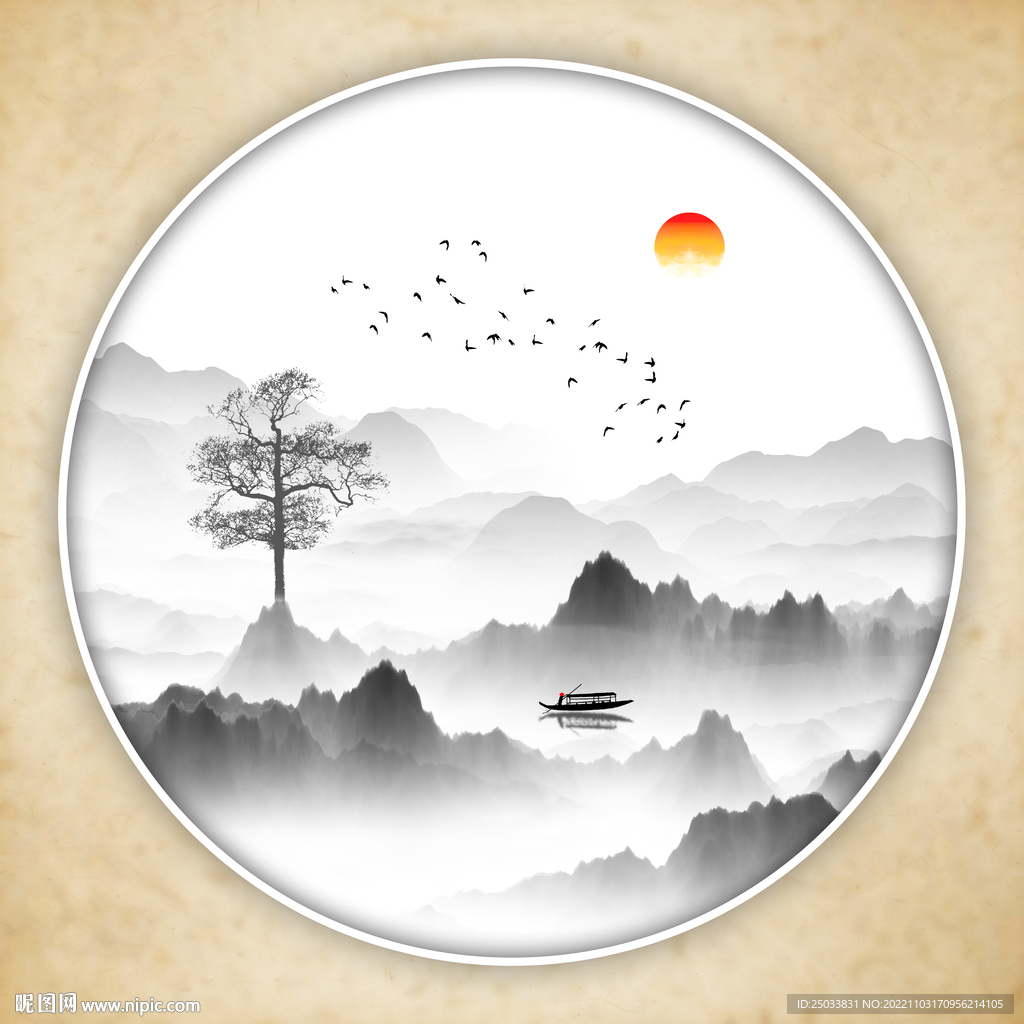 新中式圆形山水画   