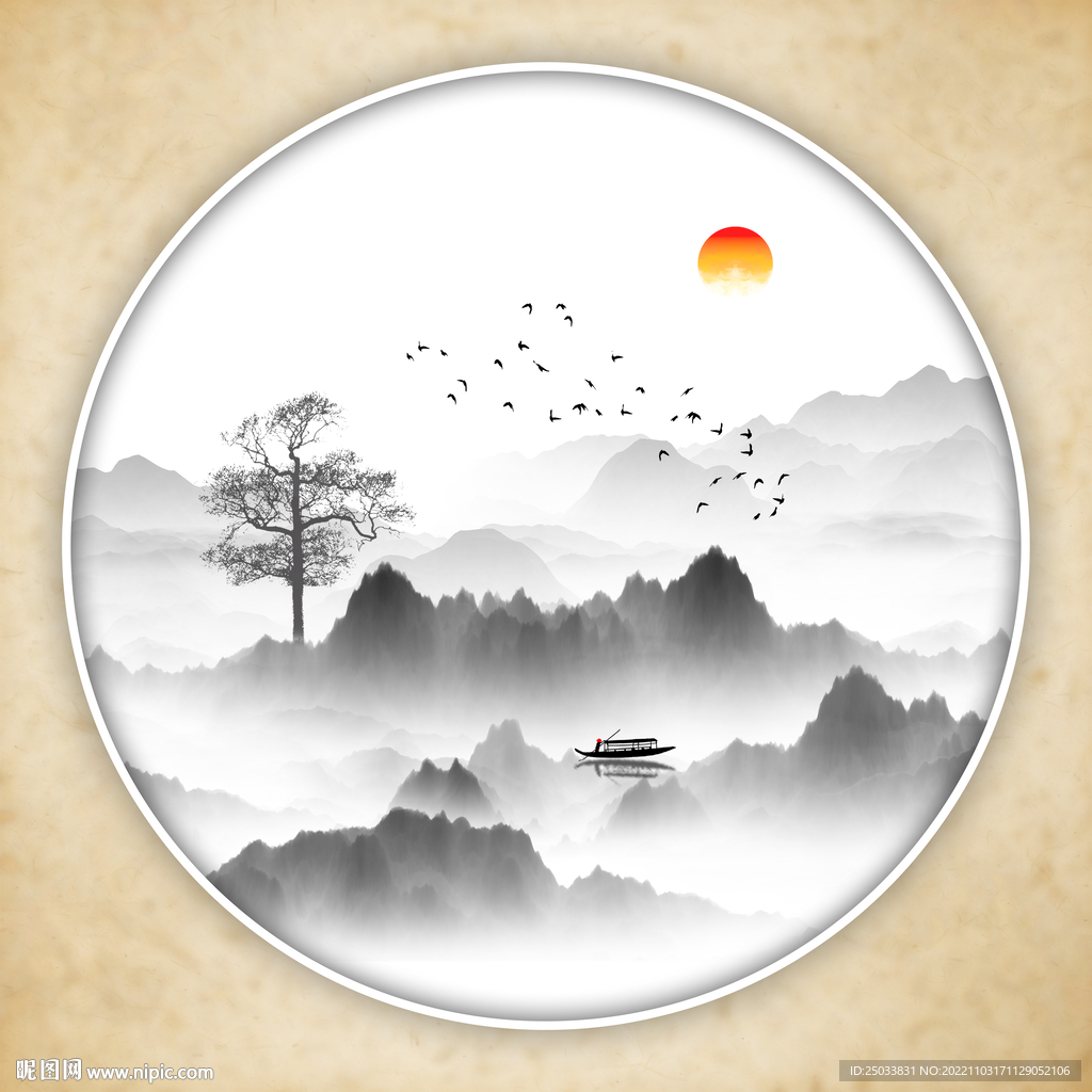 新中式圆形山水画    