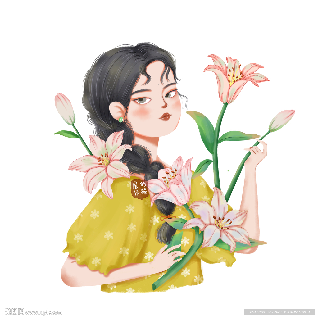 女孩与花朵小清新包装插画百合花