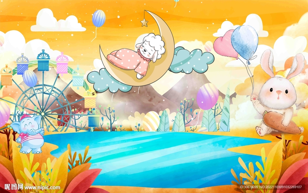 卡通儿童房背景墙 