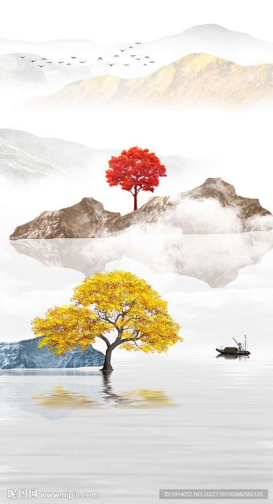 装饰画 山水画麋鹿 小船