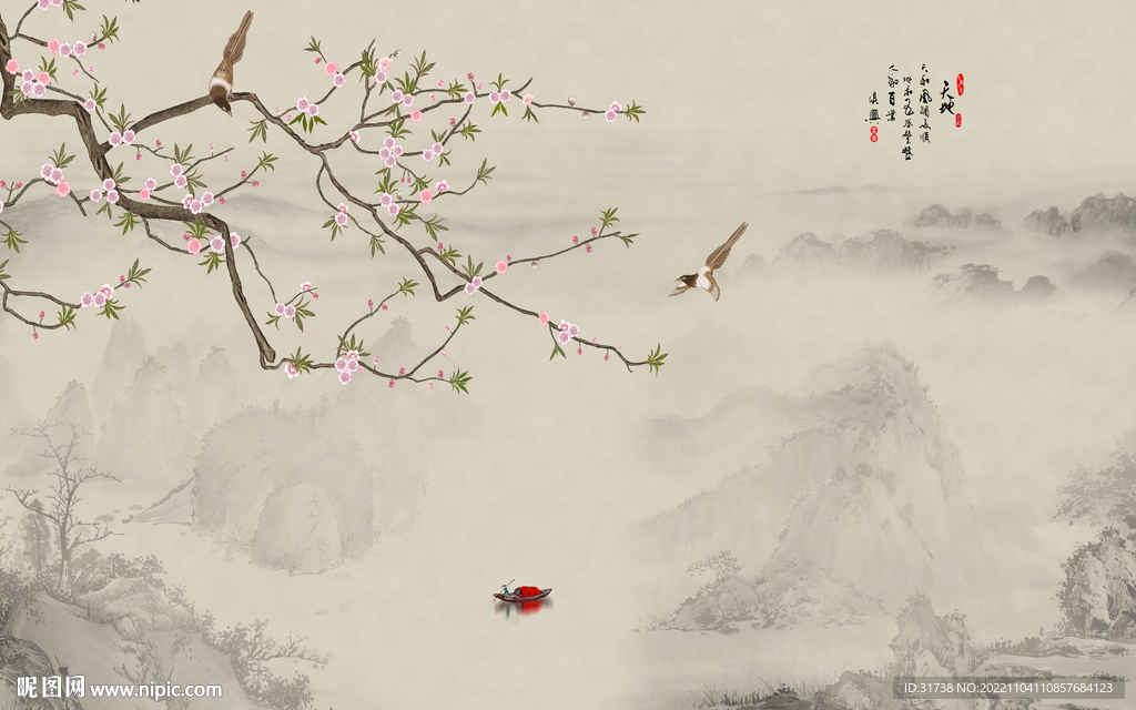 新中式花鸟画背景墙