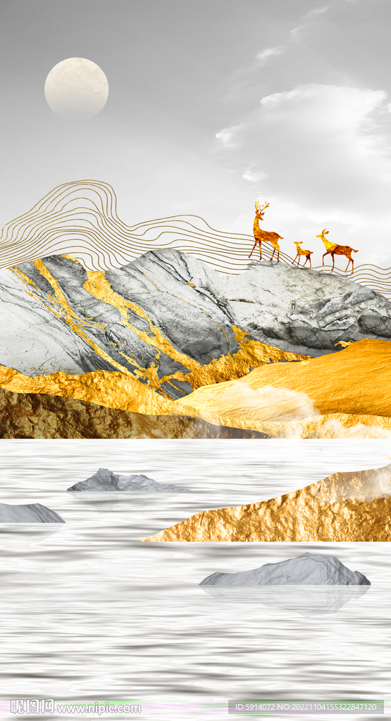 装饰画 新中式山水画 麋鹿