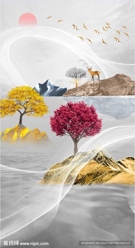 装饰画树 新中式山水画 麋鹿