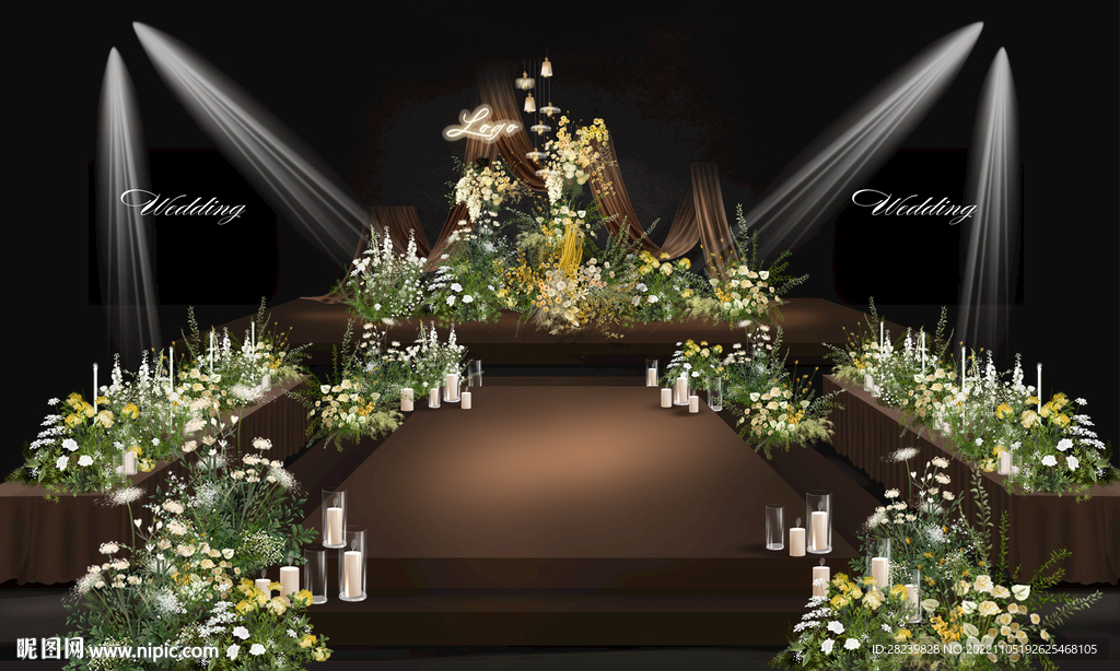 小众咖色婚礼白绿黄花艺