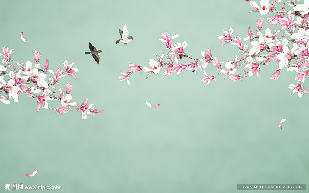 新中式玉兰工笔花鸟背景墙装饰画