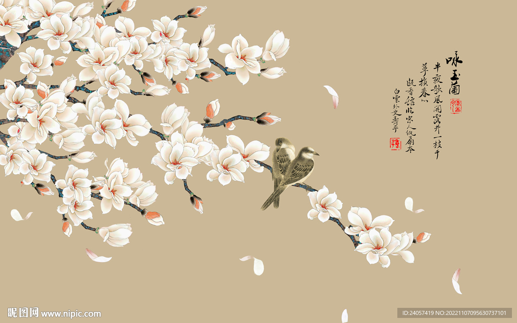 新中式工笔玉兰花鸟背景墙装饰画
