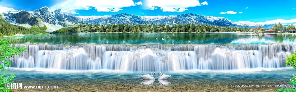 山水瀑布流水生财长幅背景墙