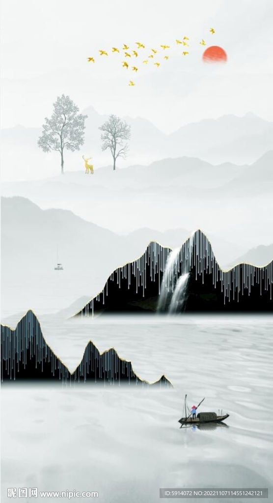 装饰画小船 新中式山水画