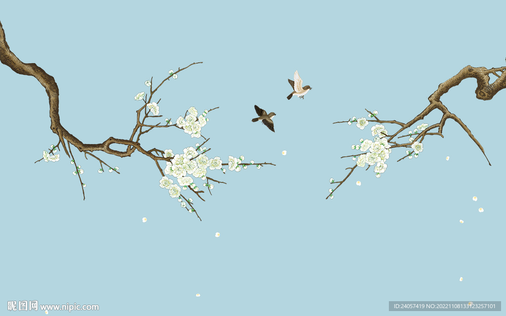 新中式梨花工笔花鸟背景墙装饰画