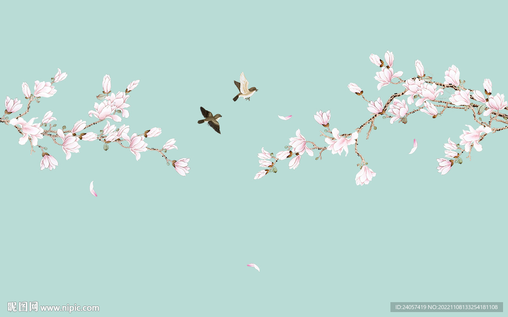 新中式工笔玉兰花鸟背景墙装饰画