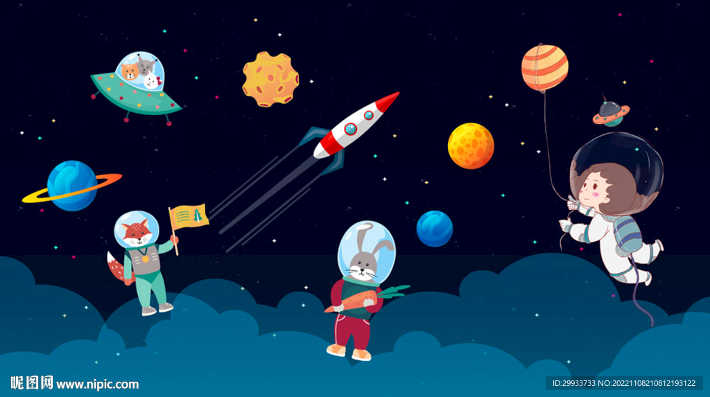 卡通宇航员太空飞船
