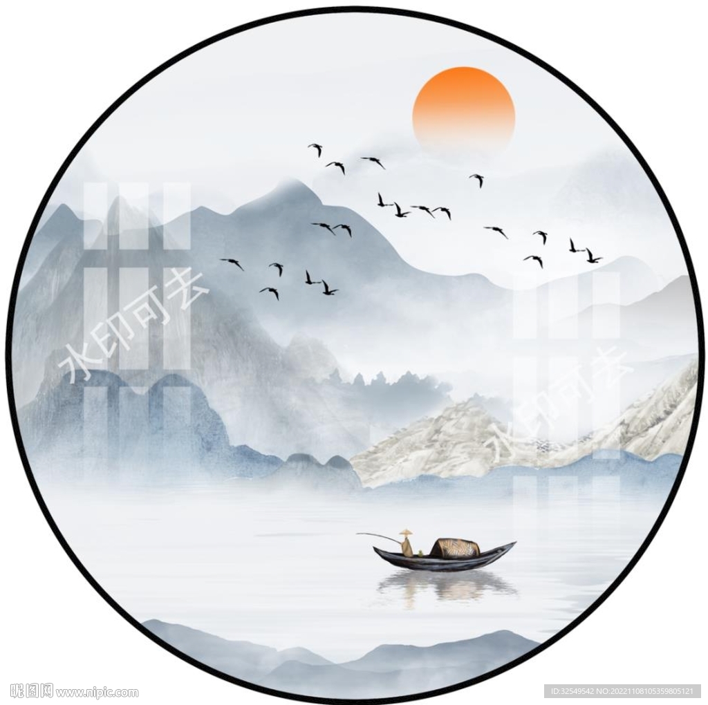 新中式圆形山水装饰画