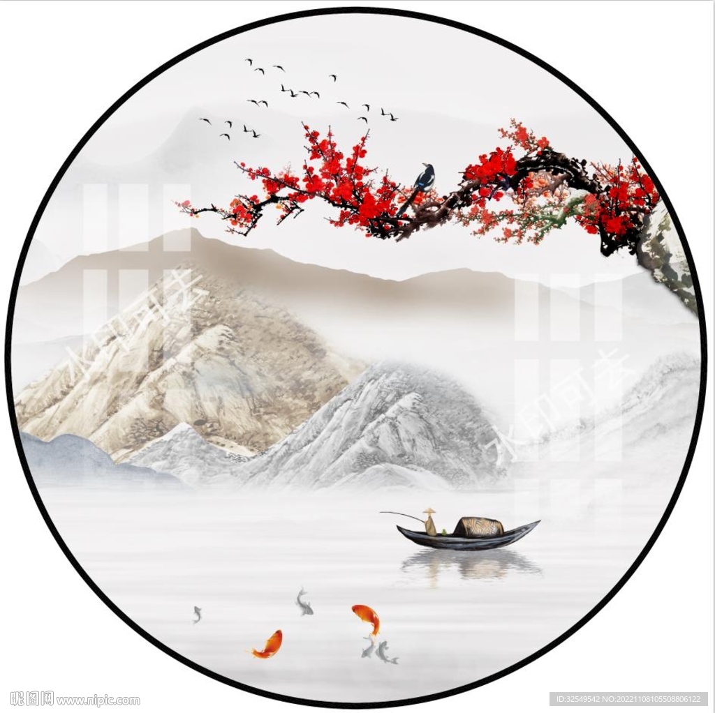 新中式圆形山水装饰画