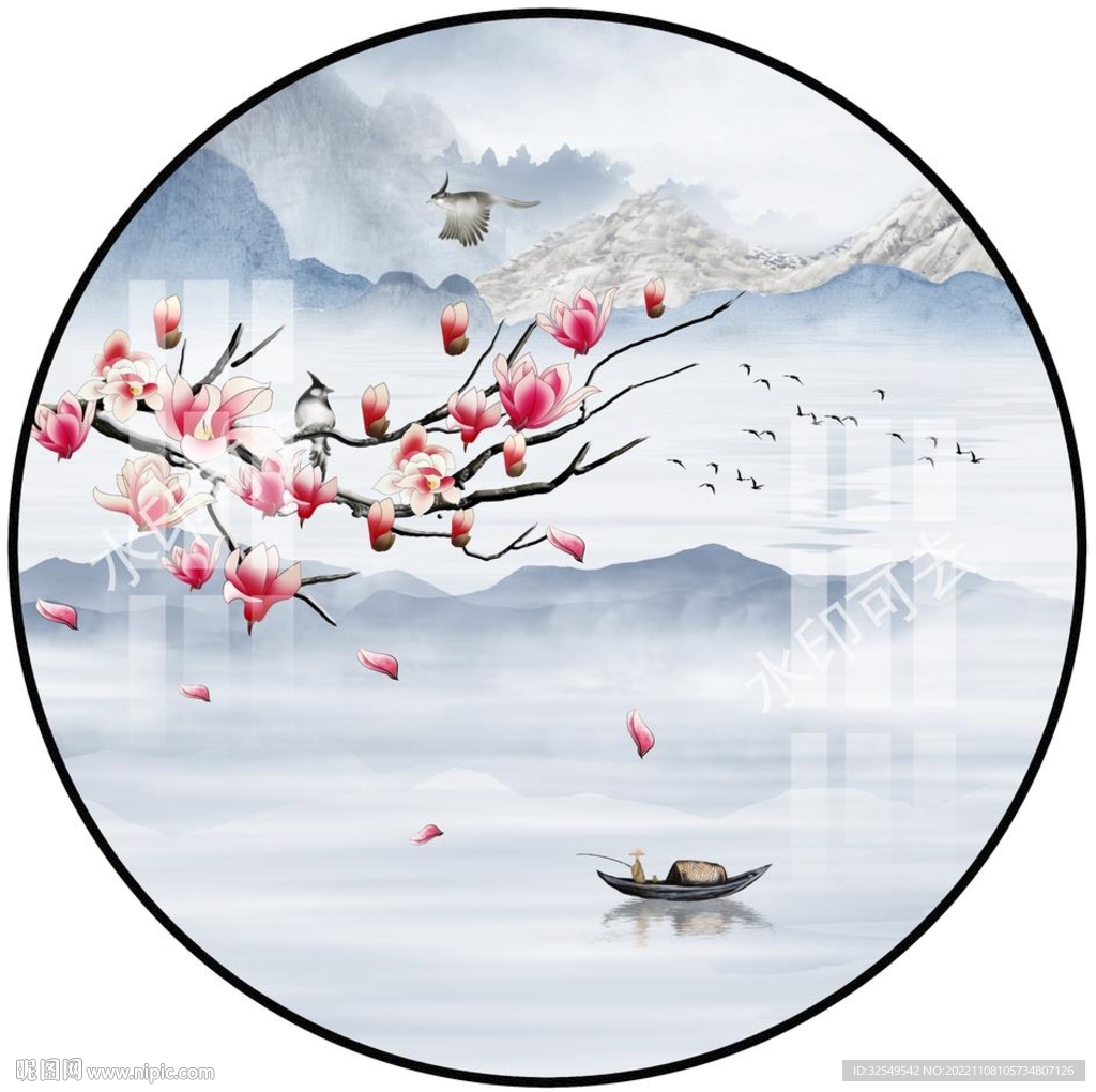 新中式圆形山水装饰画