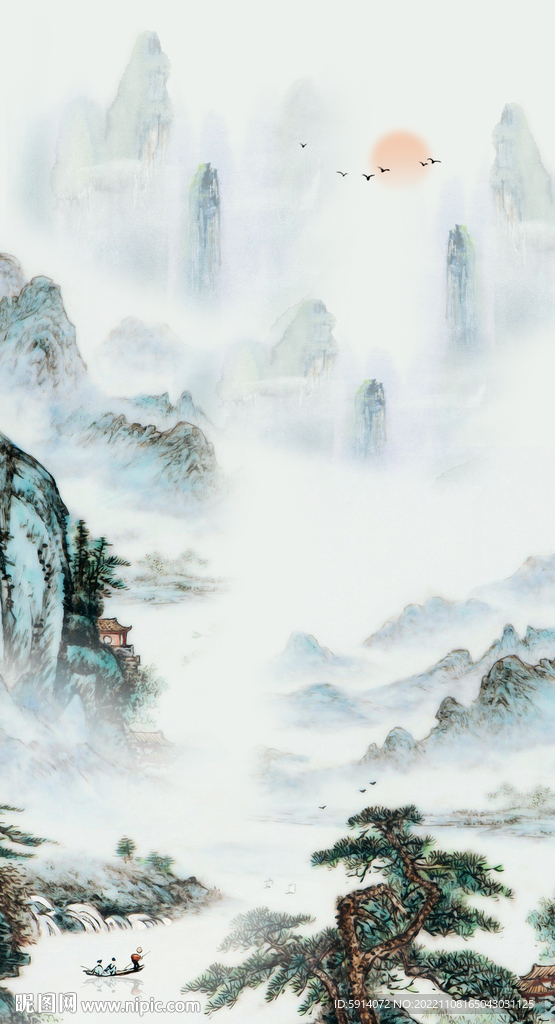 装饰画 水墨山水画 日出