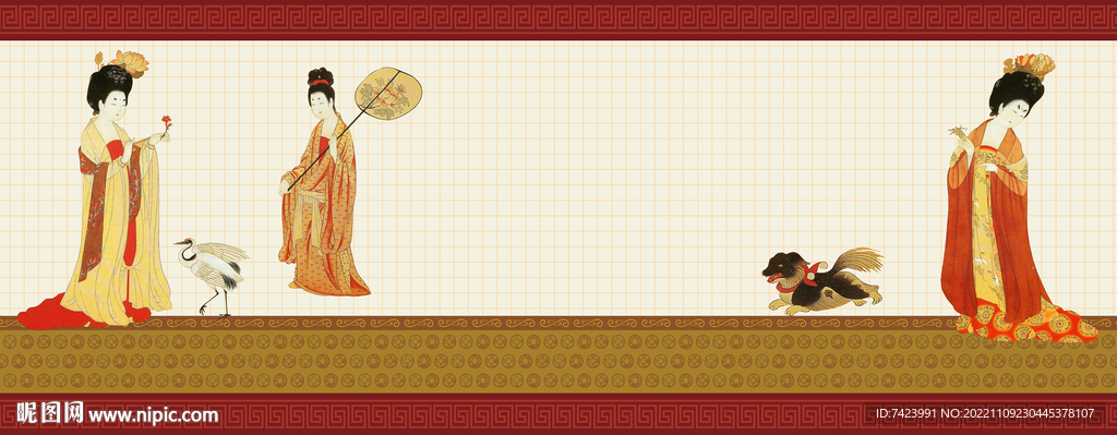 仿古侍女壁画背景墙