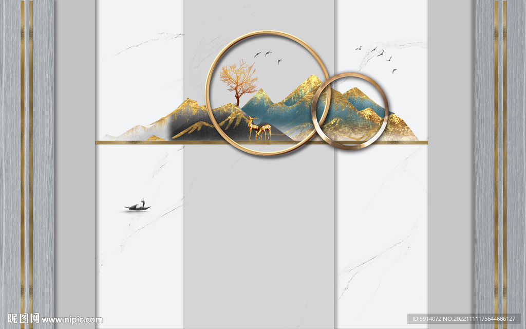 大理石背景墙 新中式山水画