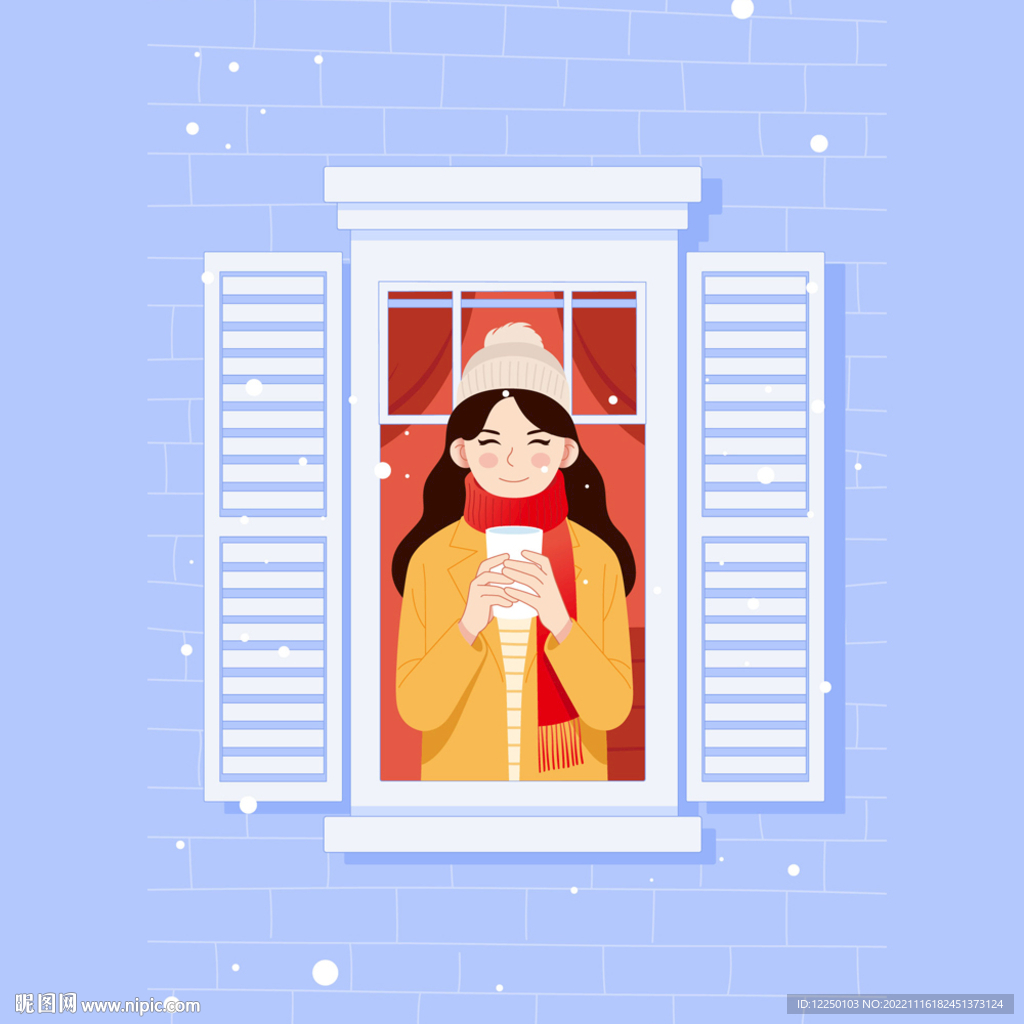 雪中窗户女孩插画