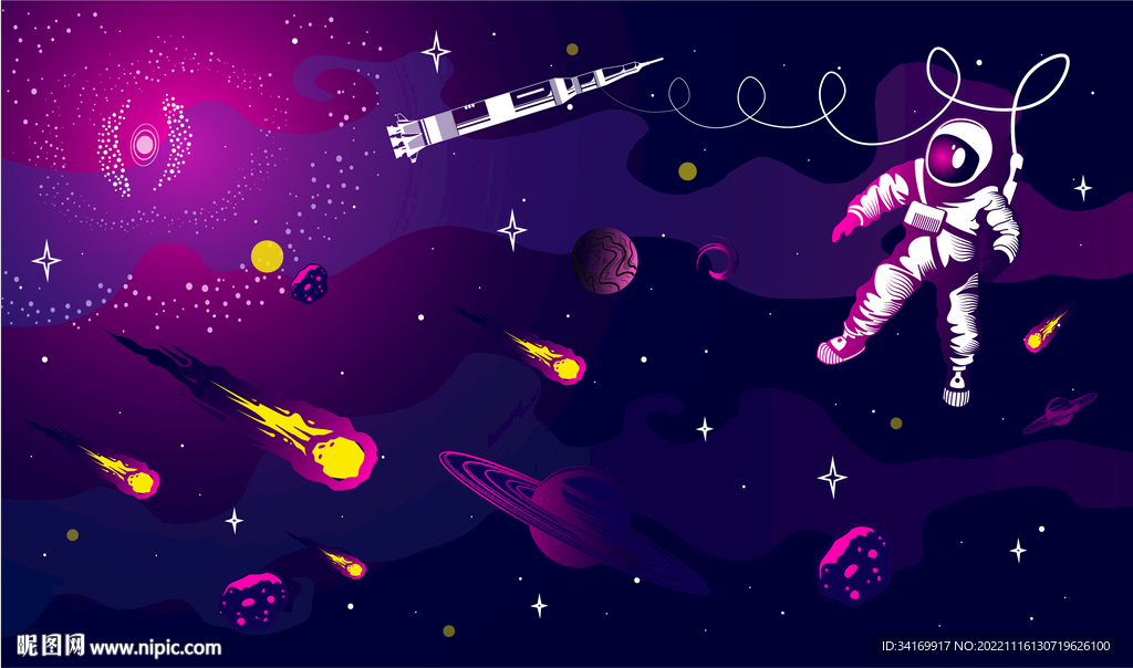 手绘宇航员卡通太空宇宙飞船背景