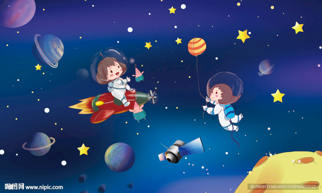 卡通星空宇航员飞船