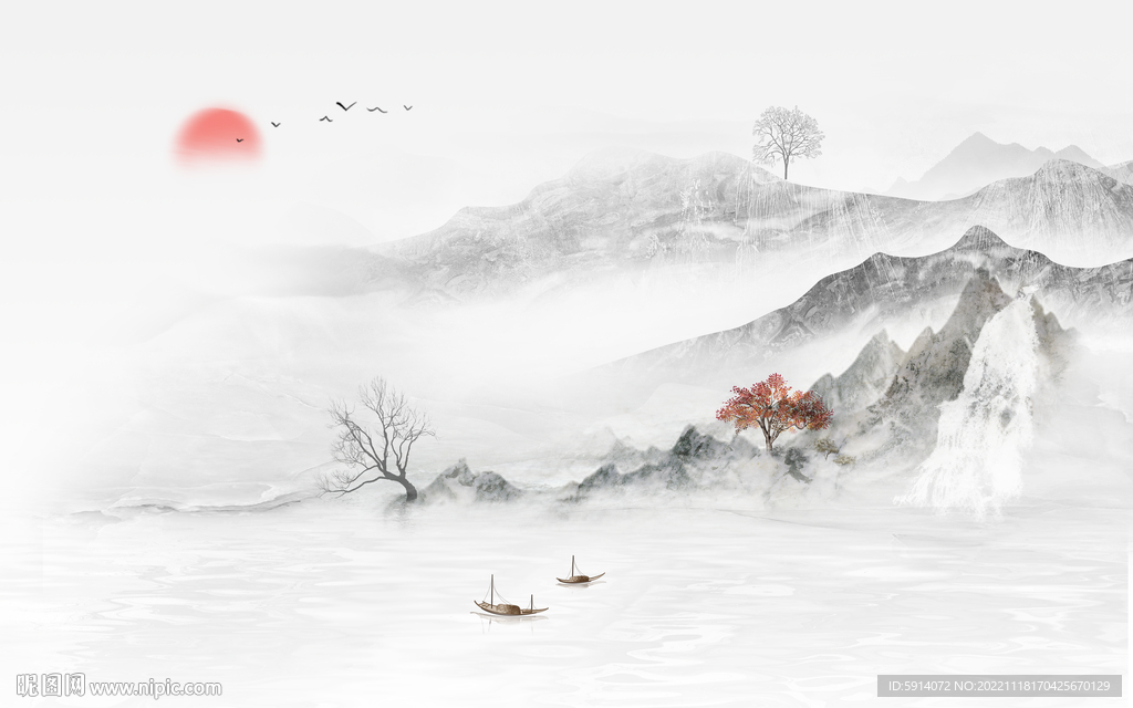 日出装饰画 新中式山水画 小船