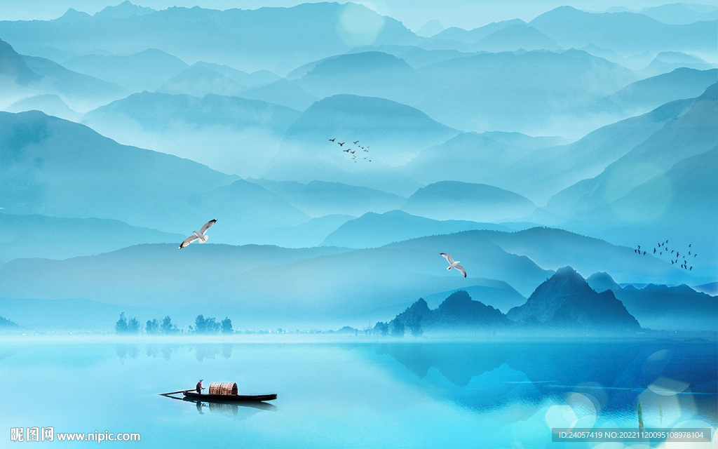 中国风意境山水风景蓝色背景墙