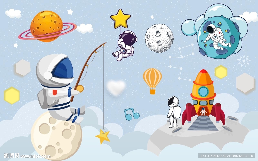 可爱卡通太空人星球儿童房背景墙