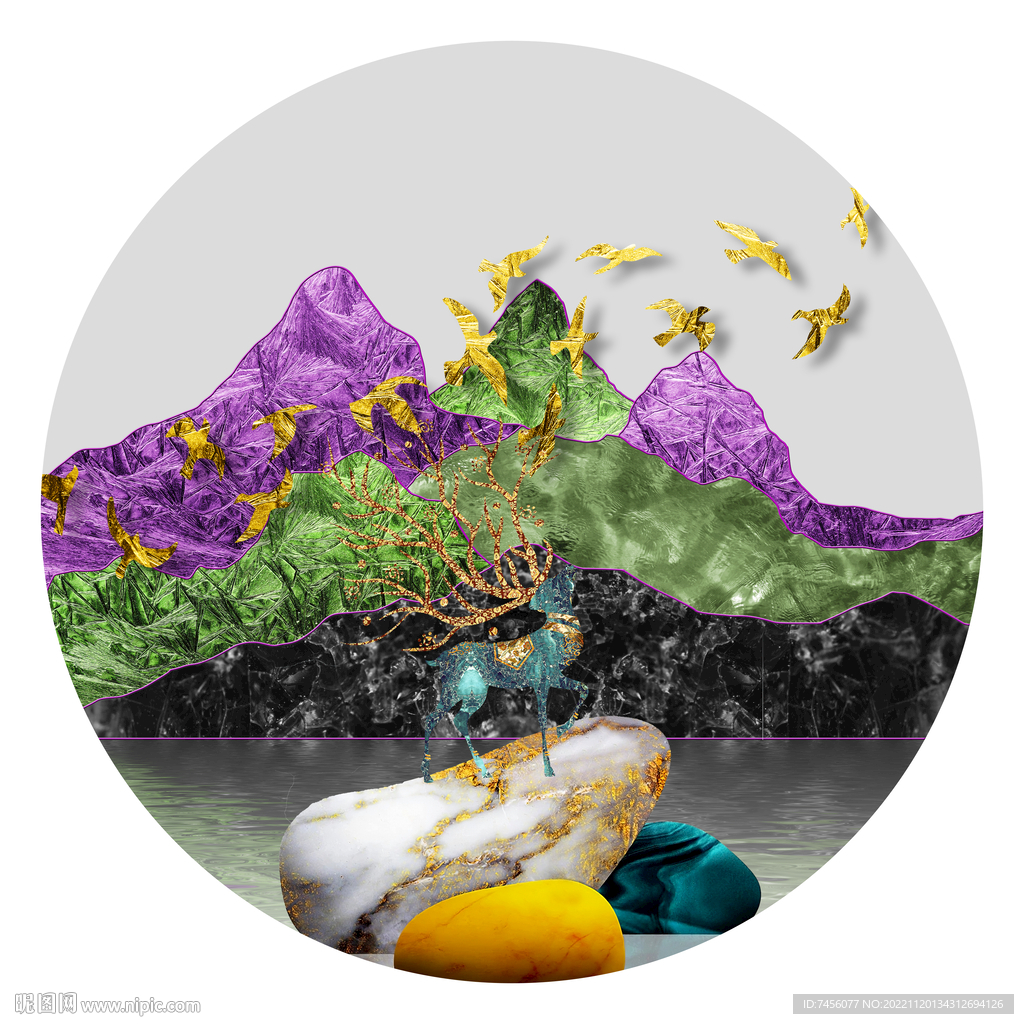 飞鸟麋鹿湖泊中式挂画装饰画