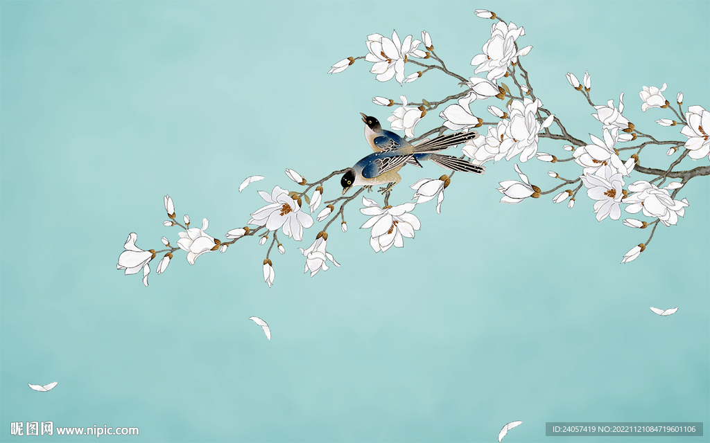 新中式花鸟白玉兰背景墙装饰画