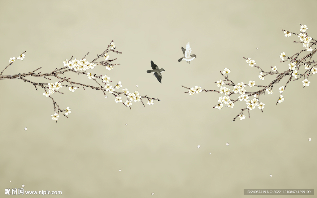 新中式工笔花鸟梨花背景墙装饰画