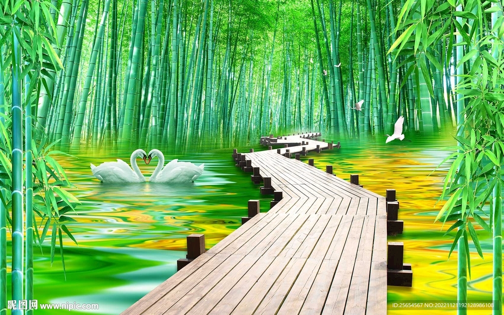 竹林木桥流水电视背景墙