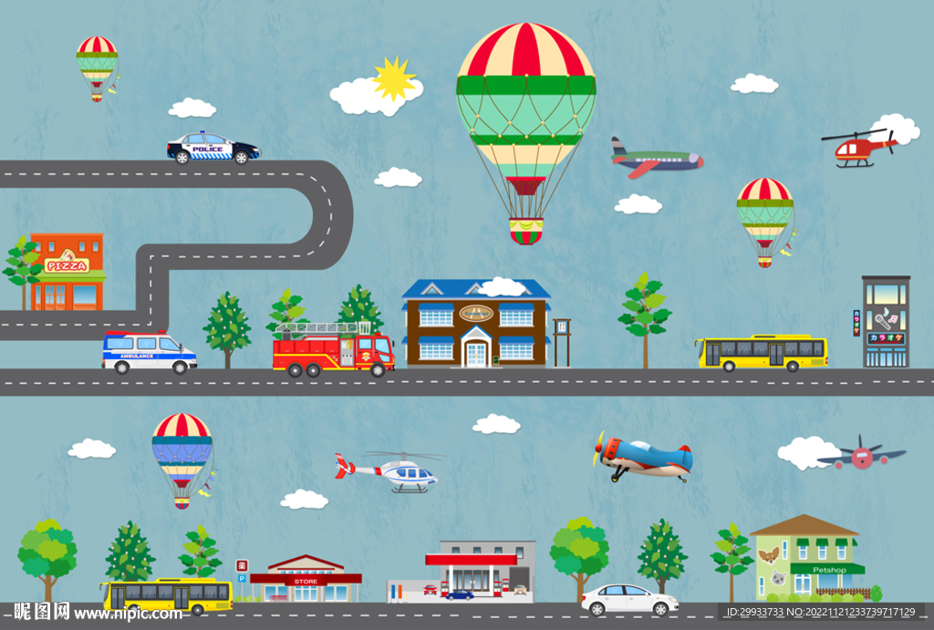 卡通城市儿童房背景墙