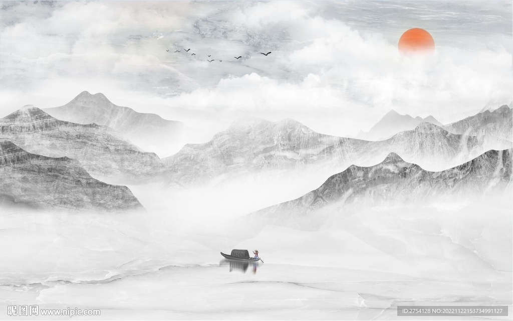 日出装饰画 新中式山水画 小船