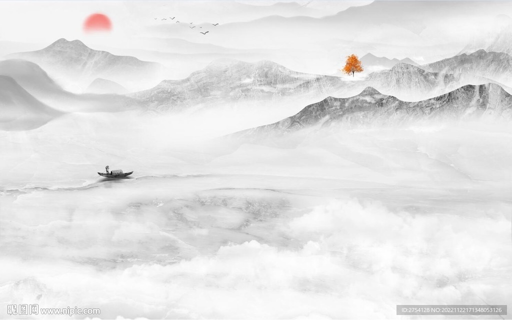日出装饰画 新中式山水画 小船