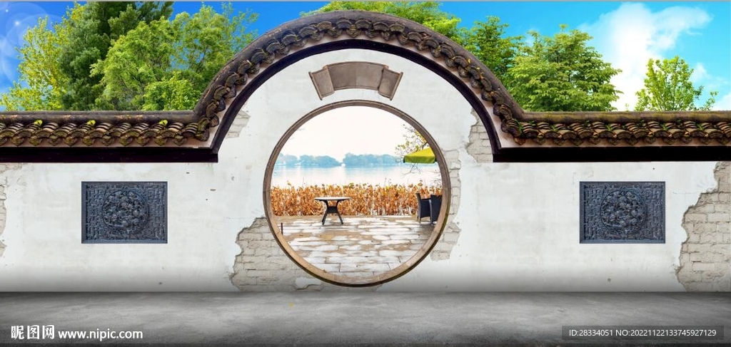 3D中式月亮门建筑背景墙