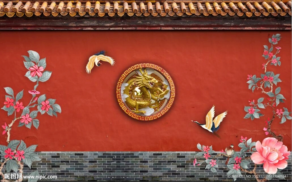 中式故宫红古建筑背景墙壁画