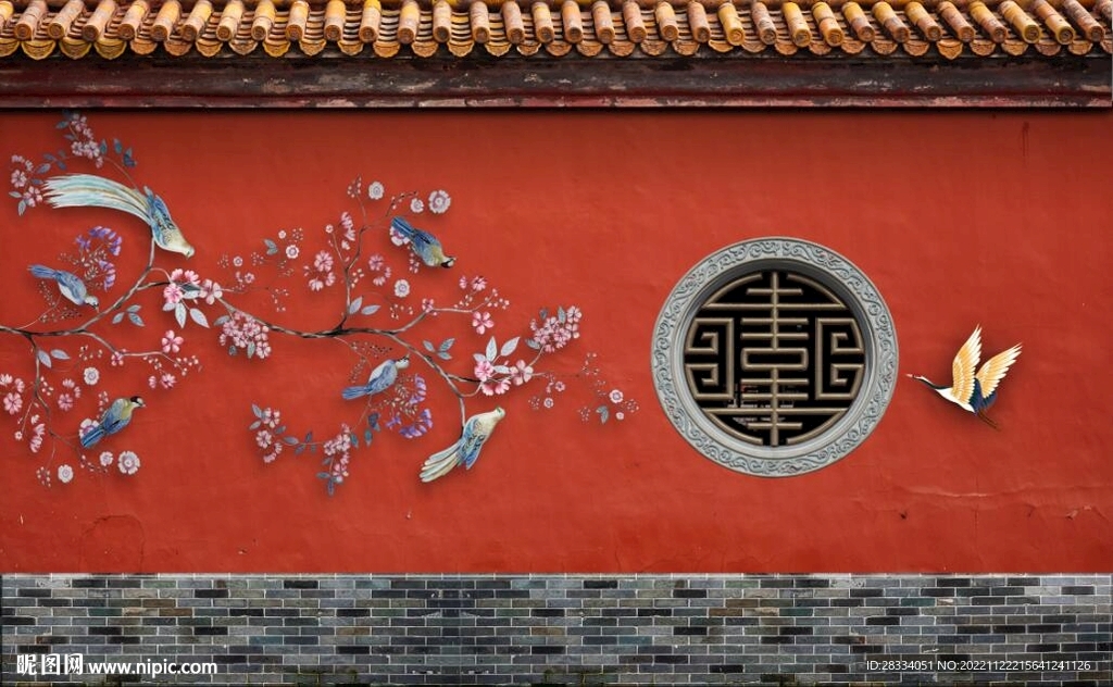 中式故宫红古建筑背景墙壁画