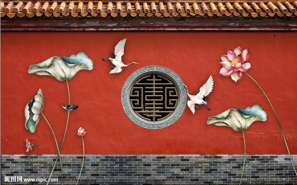 中式故宫红古建筑背景墙壁画
