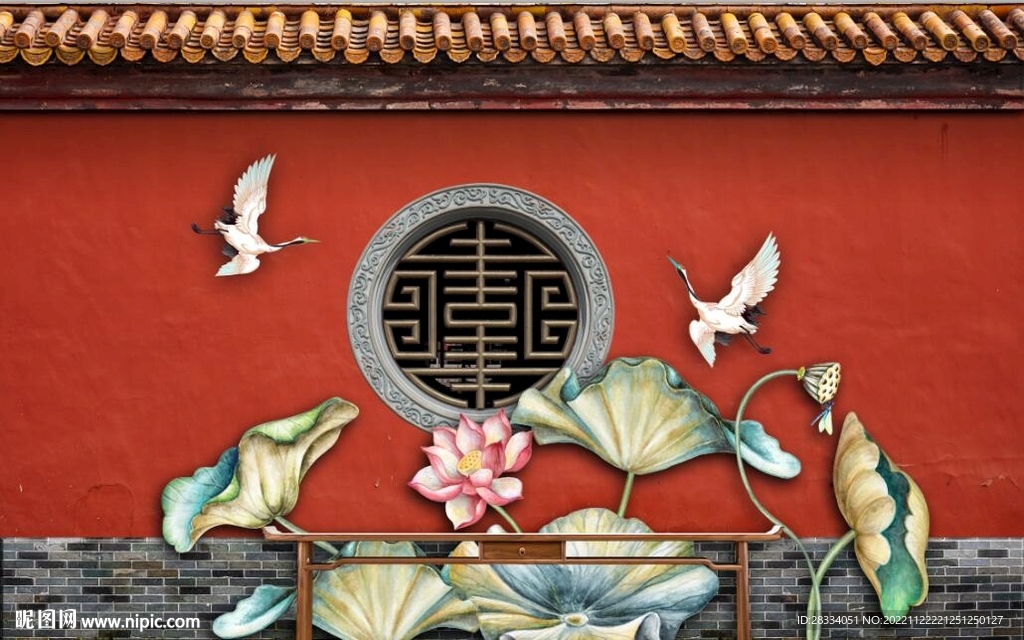 中式故宫红古建筑背景墙壁画